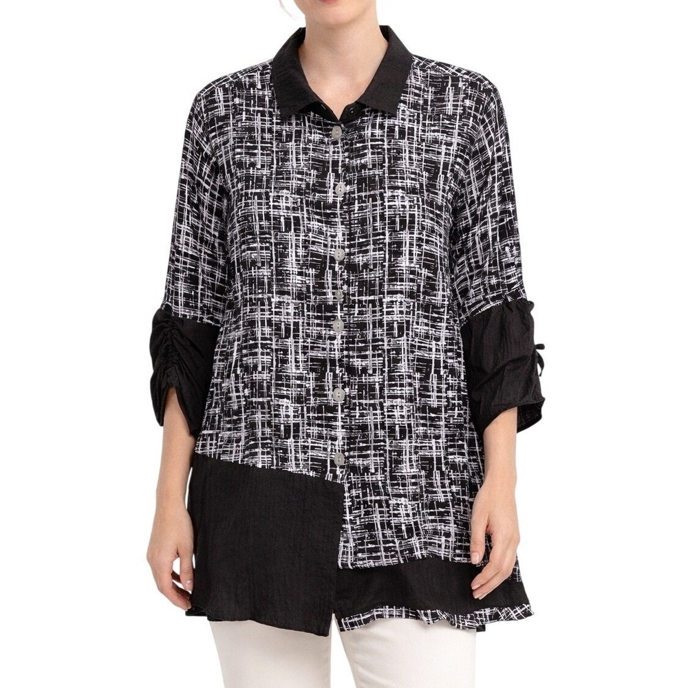 Ali Miles Womens Top M Black White Office‎ Modern Button Up Artsy Mixed Fabrics